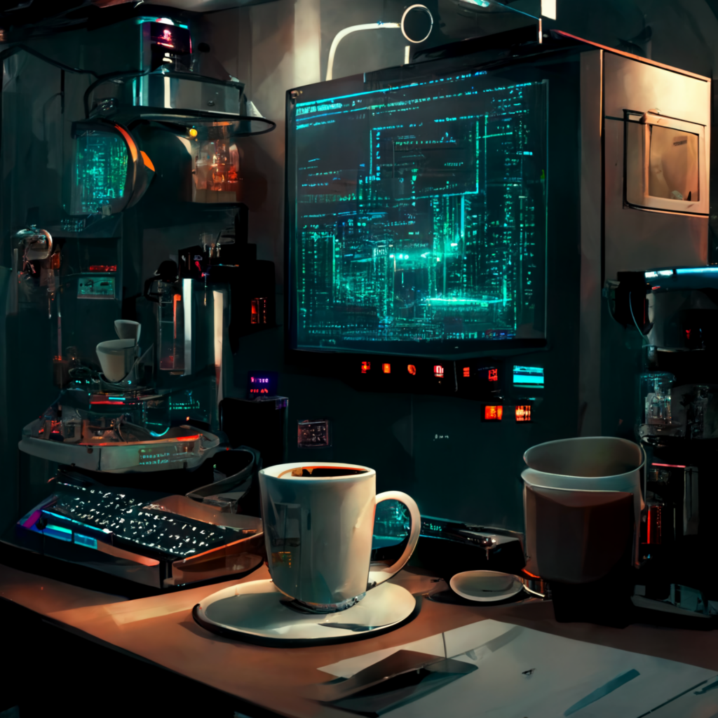 midjoruney - a window open with a cup of coffee - hacker secret laboratory