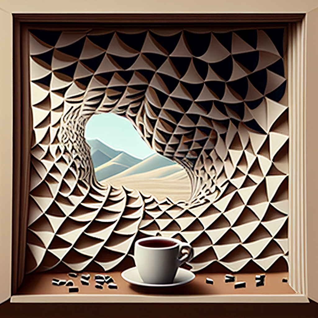 midjoruney - a window open with a cup of coffee - tesselation