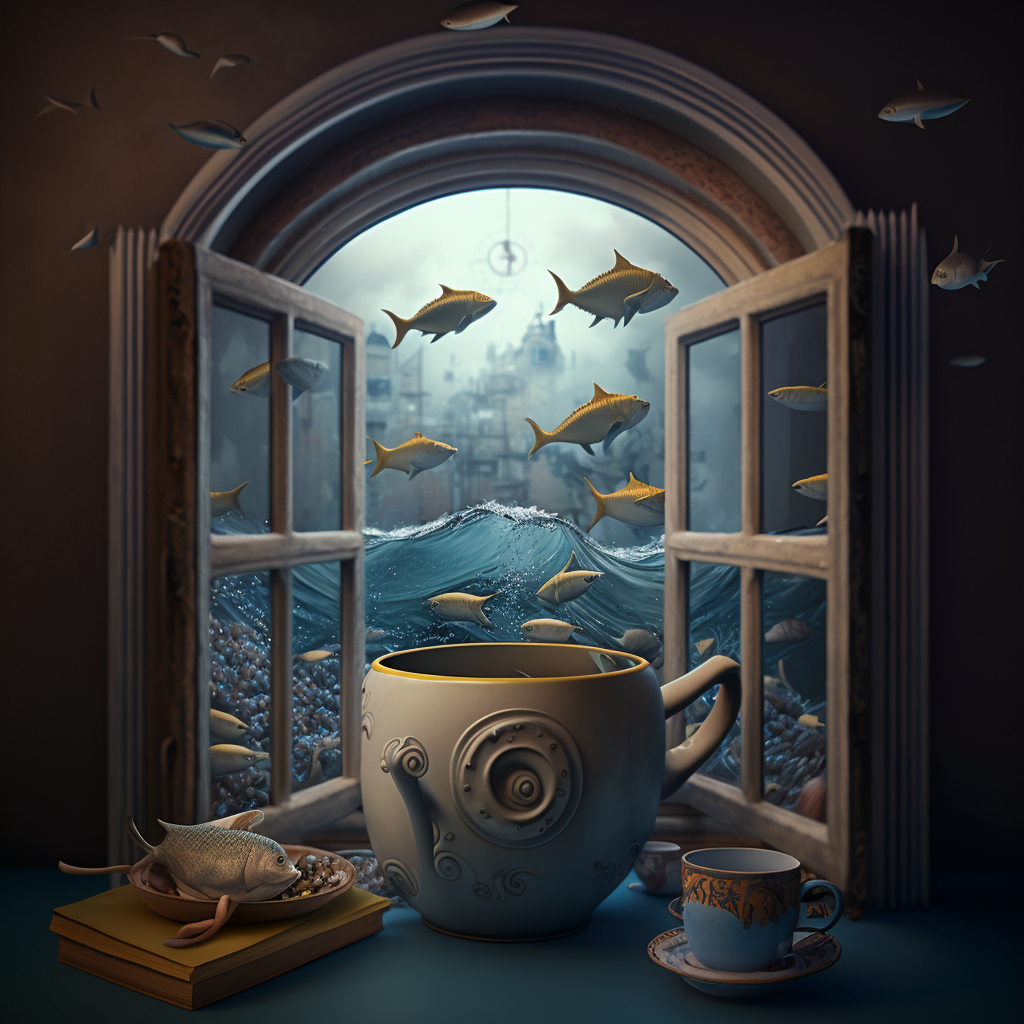 midjoruney - a window open with a cup of coffee - undersea