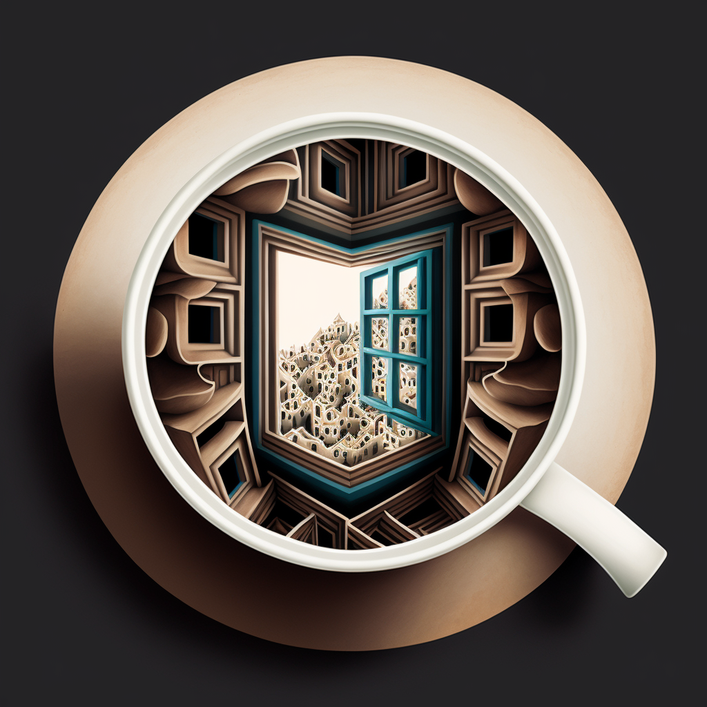 midjoruney - a window open with a cup of coffee - escher style