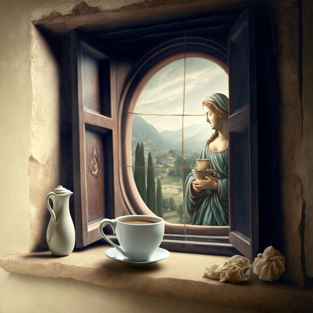 midjoruney - a window open with a cup of coffee - michelangelo