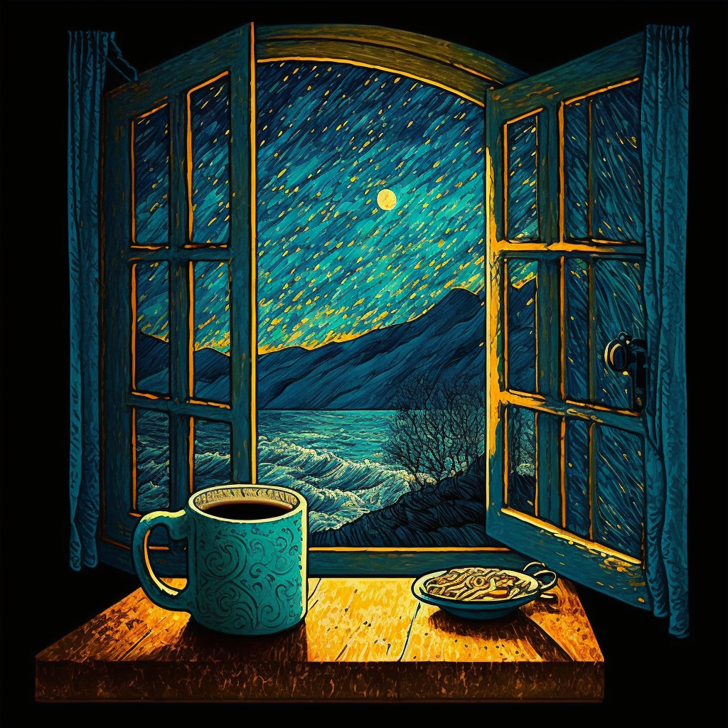 midjoruney - a window open with a cup of coffee - van gogh style