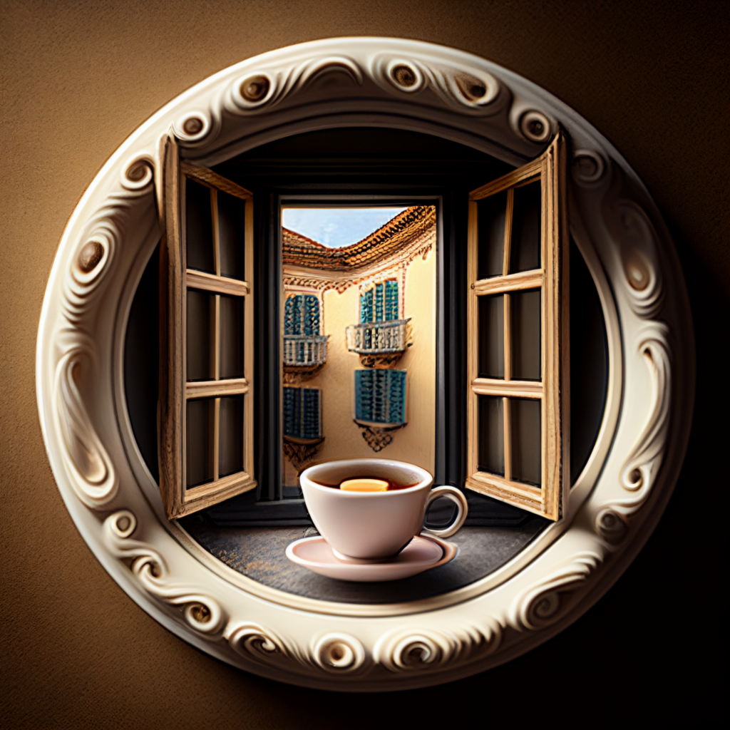 midjoruney - a window open with a cup of coffee - uffizi style
