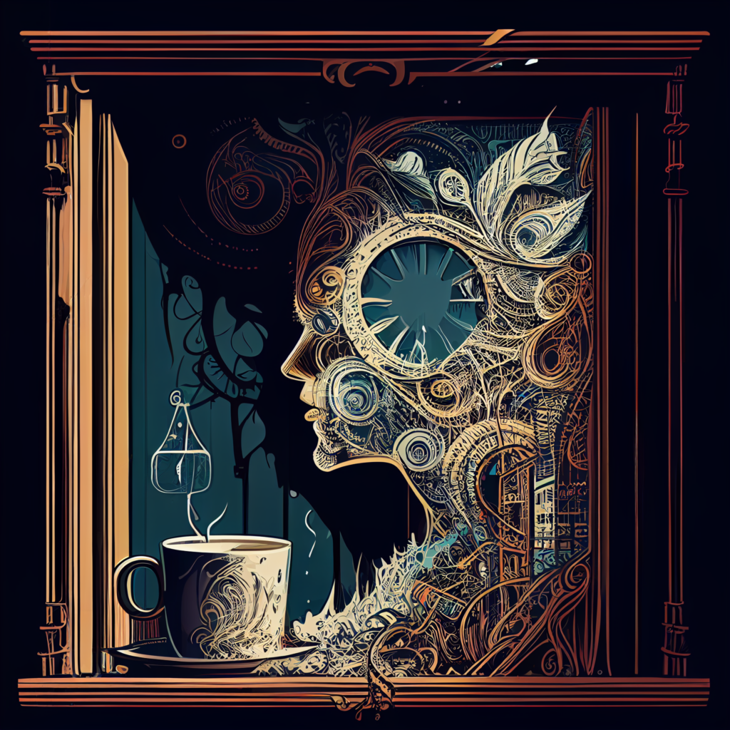 midjoruney - a window open with a cup of coffee - clockwork gears and springs, lines, swirls, simplistic, vector, style of aaron horkey and derek gores