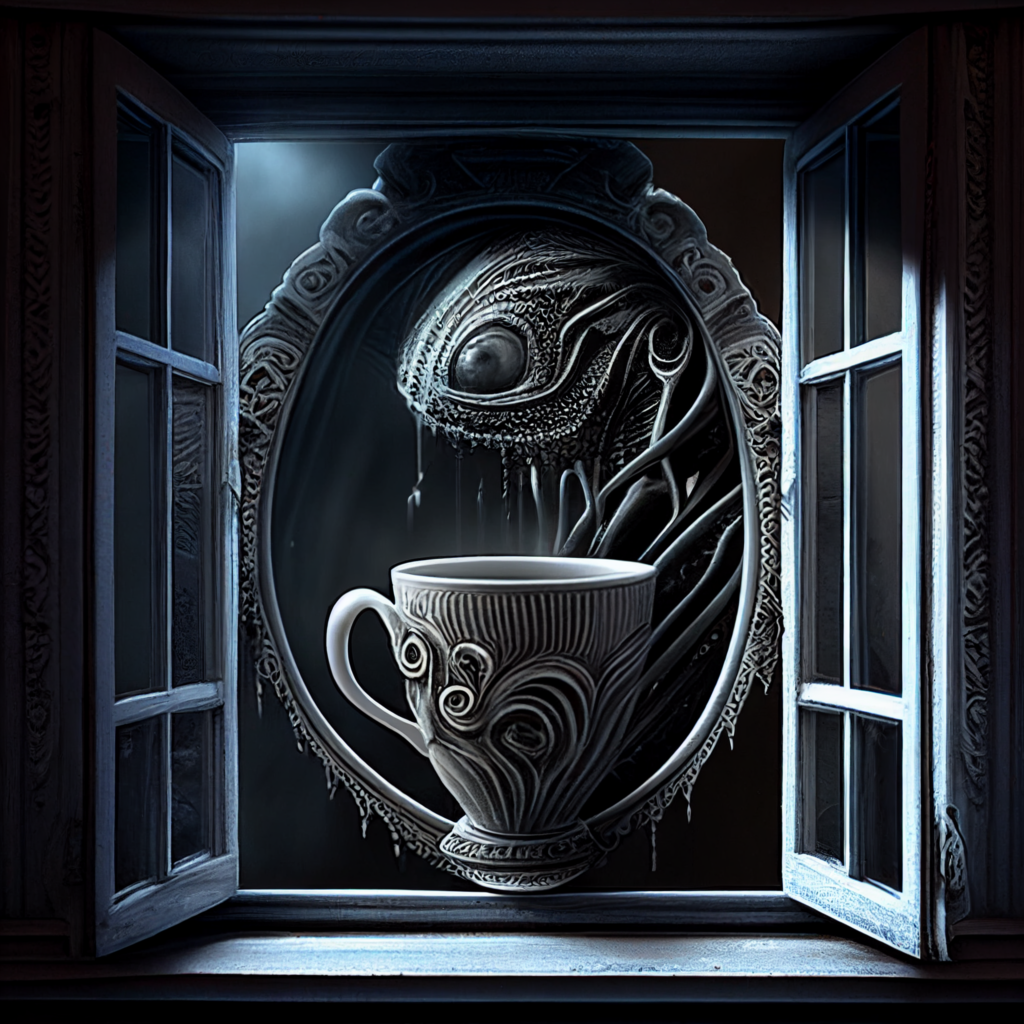 midjoruney - a window open with a cup of coffee - h. r. giger style