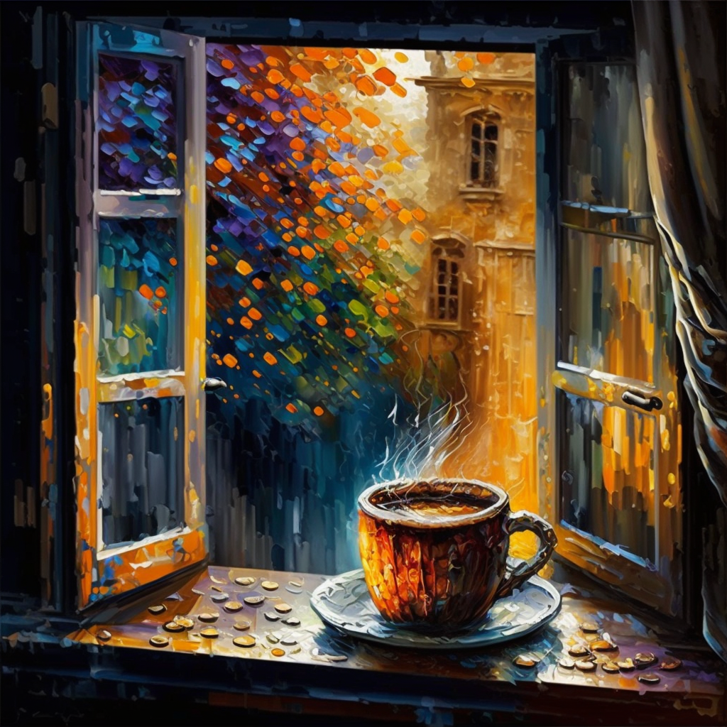 midjoruney - a window open with a cup of coffee - Leonid Afremov style
