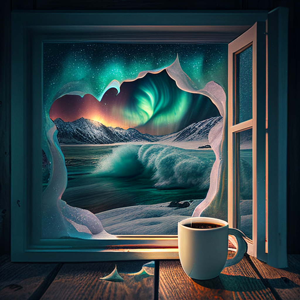 midjoruney - a window open with a cup of coffee - aurora borealis