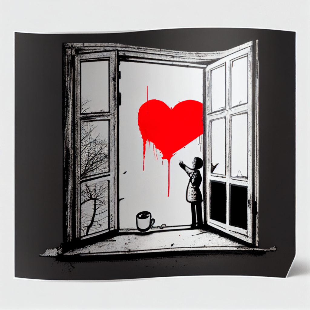 midjoruney - a window open with a cup of coffee - bansky style