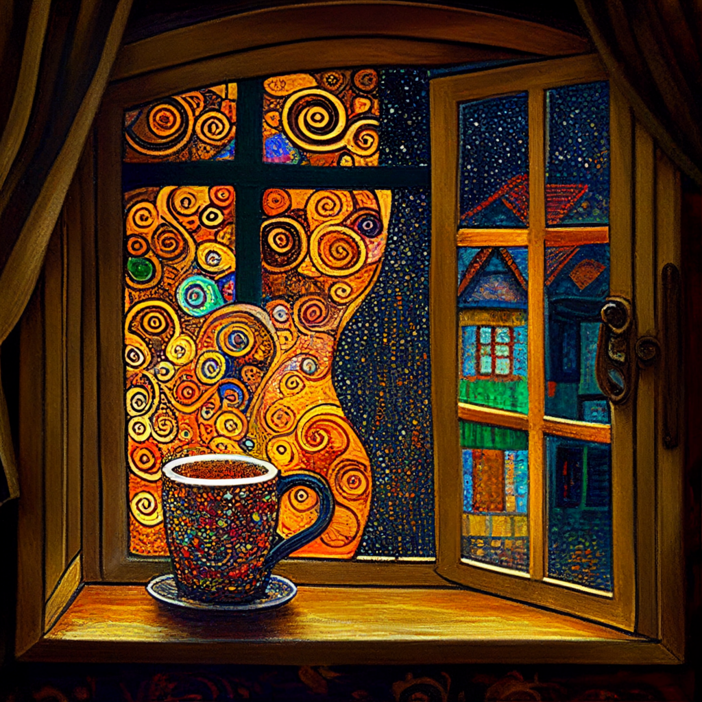 midjoruney - a window open with a cup of coffee - klimt style