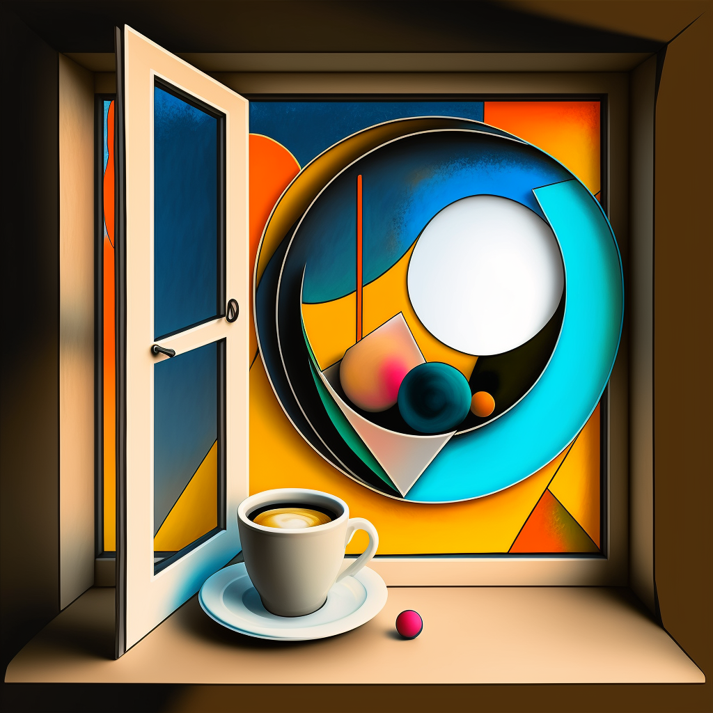 midjoruney - a window open with a cup of coffee - kandinsky style