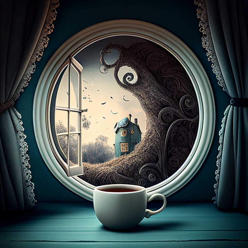 midjoruney - a window open with a cup of coffee - tim burton style