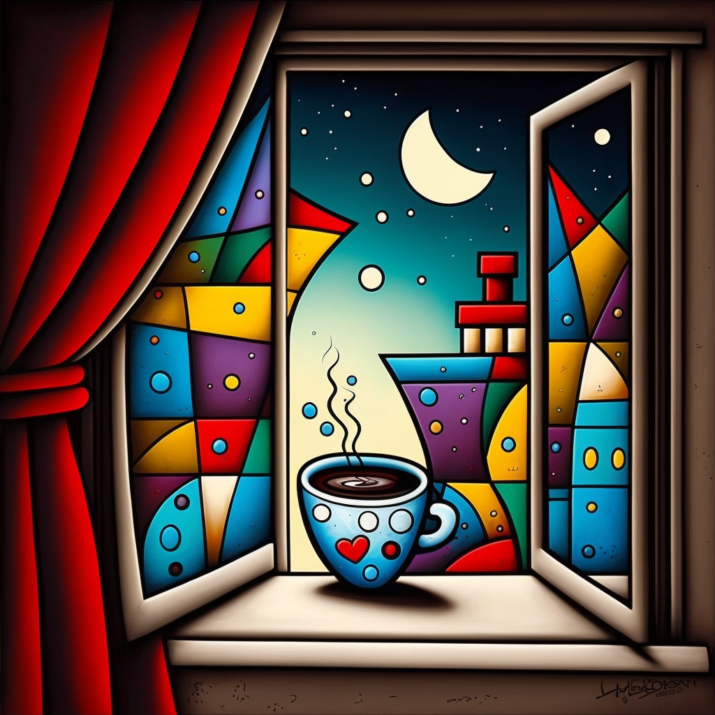 midjoruney - a window open with a cup of coffee - 
Oil on canvas, magical realism Tomasz Sętowski style, romero britto, open window with a cup of coffee,