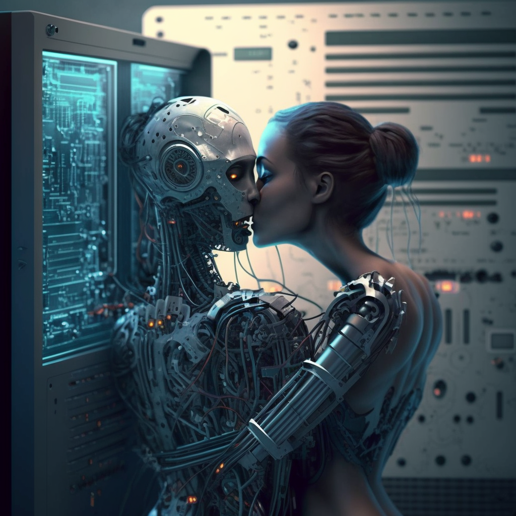midjourney - robot and human kissing